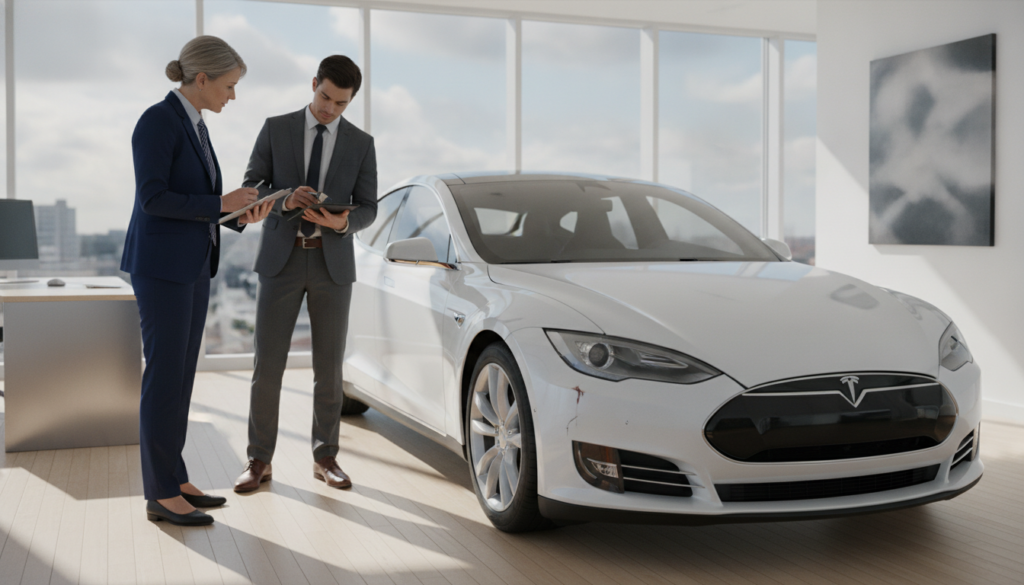 A detailed scene depicting a professional car assessment taking place in a well-lit, modern office environment. In the foreground, a middle-aged insurance agent in smart business attire is examining a vehicle's damages, holding a clipboard and a digital tablet. In the middle ground, a sleek, recently damaged car is parked, showing clear signs of wear, while an expert assessor in a formal outfit takes notes. The background features large windows with natural light streaming in, casting soft shadows on the polished wooden floor. The atmosphere conveys professionalism and objectivity, emphasizing an unbiased evaluation process. Descriptive elements like the office's minimalistic decor enhance the focus on the assessment being conducted, suggesting a commitment to thorough and transparent insurance practices.