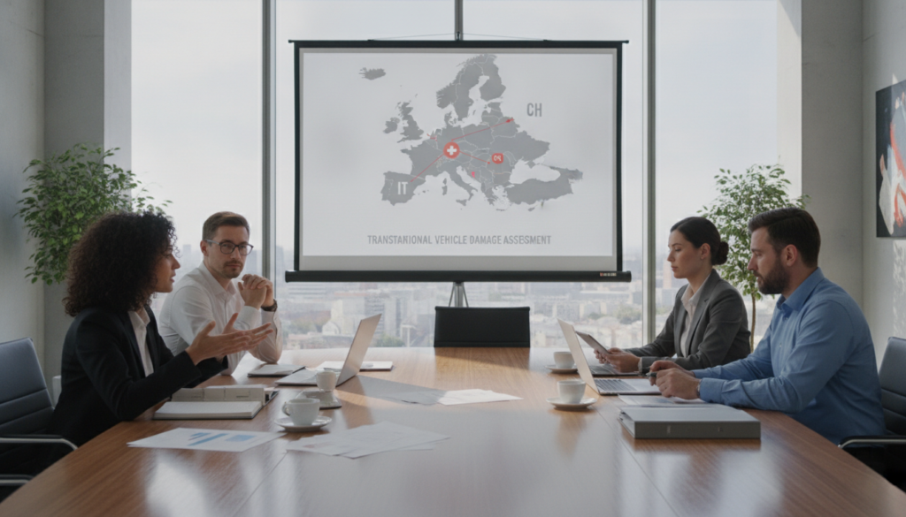 A detailed scene depicting a roundtable discussion among business professionals from four countries: Italy, Austria, Switzerland, and Poland, focused on comprehensive assessments of full coverage vehicle damage in international contexts. In the foreground, a diverse group of four professionals in business attire engage in animated discussion, with paperwork and laptops in front of them. The middle ground features a large map of Europe highlighting the countries involved with emphasis on IT, AT, CH, and PL, displayed on a projector screen. The background shows a modern conference room with large windows allowing natural light to flood in, casting soft shadows. The atmosphere is collaborative and focused, suggesting a serious yet positive dialogue about transnational insurance practices. Emphasize clarity and professionalism, avoiding any clutter or distractions.