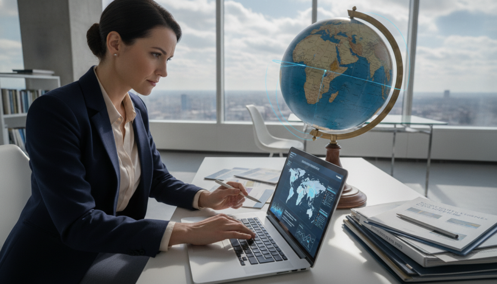 A detailed scene depicting an insurance professional analyzing global coverage options. In the foreground, a businesswoman in elegant professional attire studies an open laptop, displaying maps and charts related to international insurance policies. In the middle ground, a large globe symbolizes the worldwide reach of insurance protection, surrounded by documents showcasing various insurance plans. The background features a modern office environment with large windows, allowing soft natural light to illuminate the space, creating a focused and calm atmosphere. The angle is slightly tilted to capture the depth of the office while maintaining a clear view of the professional's expression of concentration and analysis. The overall mood is one of diligence and clarity, emphasizing the technical aspects of insurance coverage abroad.