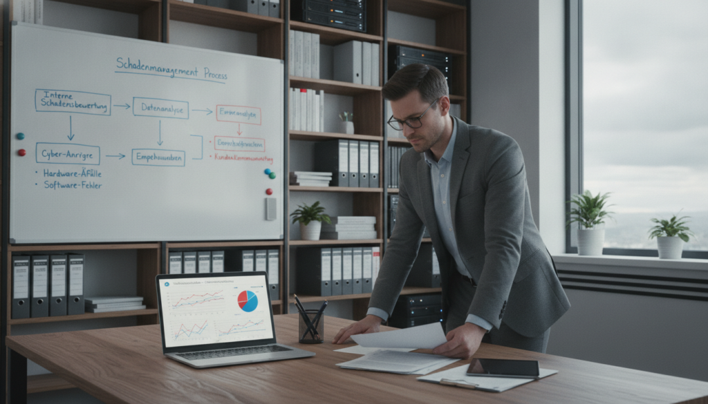 A detailed, structured office workspace environment focusing on IT insurance analysis. In the foreground, a well-organized desk with a laptop displaying graphs and analytics related to full coverage damage assessments (Vollkaskoschäden). A professional wearing business attire is examining documents, displaying a thoughtful expression. In the middle, a large whiteboard filled with diagrams, notes, and flowcharts about internal damage evaluations and recommendations. In the background, a well-lit modern office, featuring shelves with technical manuals and a window showing a cloudy sky outside. The lighting is soft and diffuse, creating a calm yet focused atmosphere. The angle is slightly elevated, capturing both the desk and the informative background elements, emphasizing a technical and analytical mood.