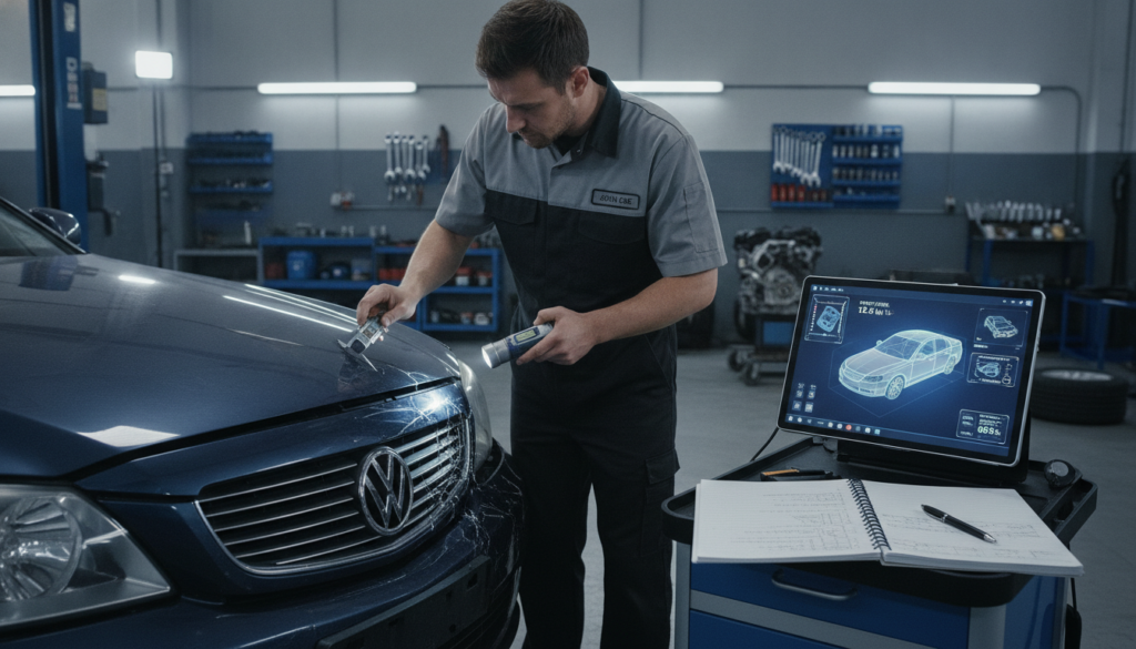 A detailed, technical scene illustrating the analysis of vehicle damage. In the foreground, a mechanic in professional attire inspects a damaged car using specialized tools, with visible dents and scratches on the vehicle's surface. In the middle ground, sophisticated diagnostic equipment is set up, displaying data and metrics on a digital screen, while a notepad filled with technical notes rests on a workbench. The background features a well-lit workshop environment, with parts and tools organized on shelves, conveying a sense of professionalism and thoroughness. The lighting is bright and focused on the vehicle, creating a clinical atmosphere that emphasizes precision. The overall mood reflects a meticulous approach to understanding vehicle damage and assessment.
