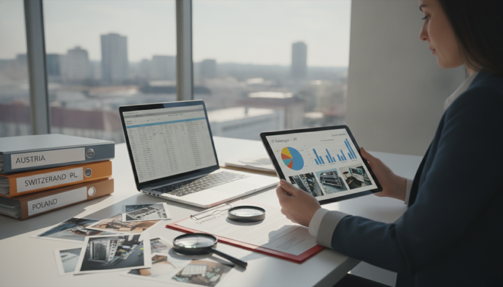 A detailed visual representation of meticulously documented full comprehensive insurance damages in an international context, showcasing specific damages in IT, Austria (AT), Switzerland (CH), Poland (PL), and abroad. In the foreground, a professional analyst meticulously reviewing a digital tablet displaying clear graphs and images of damages. In the middle ground, an organized workspace with detailed files, photographs, and a laptop, highlighting the thoroughness of documentation. The background features an office setting with large windows letting in soft natural light, creating a calm and focused atmosphere. The image is captured from a slightly elevated angle, emphasizing the professionalism and clarity of the information being processed. Overall, the mood evokes a sense of diligence and efficiency within the realm of technical plausibility.