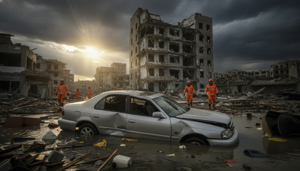 A dramatic scene depicting the aftermath of a natural disaster, showcasing extensive full coverage damage to vehicles in an urban environment. In the foreground, a crushed sedan lies partially submerged in floodwaters, with debris scattered around it. In the middle ground, a destroyed building with shattered windows and broken walls can be seen, while emergency responders in professional attire survey the scene. The background features dark, stormy clouds rolling in, adding a sense of urgency and tension. The lighting is moody and dramatic, with beams of sunlight breaking through the clouds to cast a haunting glow on the wreckage. The camera angle is low, emphasizing the scale of destruction and the impact of external factors on comprehensive insurance claims.