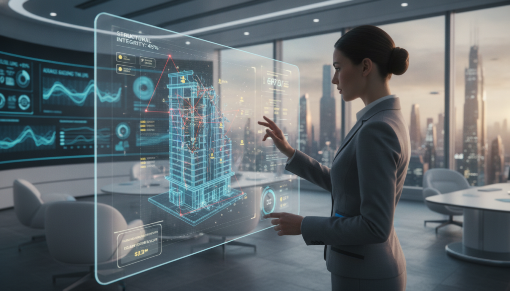 A futuristic office environment focused on damage assessment, featuring advanced technology and holographic displays. In the foreground, a professional businesswoman in a smart suit analyzes a 3D model of an asset on a transparent screen, showcasing various damage metrics. In the middle ground, visible, sleek, modern furniture and a large digital dashboard display real-time data analytics and graphs related to insurance claims. The background includes large windows with a panoramic view of a city skyline, suggesting innovation and growth. Soft, ambient lighting enhances the mood of professionalism and optimism. Use a shallow depth of field to emphasize the subject, while the city beyond blurs slightly, creating a sense of future-forward vision.