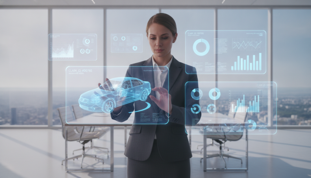 A futuristic office setting focused on car damage assessment and digital innovation in automotive insurance. In the foreground, a professional woman in business attire examines a digital tablet displaying 3D images of vehicle damage. In the middle ground, holographic interfaces show charts and data analytics related to insurance claims, blending technology with the physical environment. The background features a modern office with large windows, allowing natural light to flood the space, creating a bright and optimistic atmosphere. The composition should utilize a dynamic angle that emphasizes the interaction between the woman and the digital elements. Soft shadows enhance the three-dimensional effect of the holograms, conveying a sense of advanced technology in automotive insurance damage evaluation. The overall mood is professional, innovative, and forward-looking.