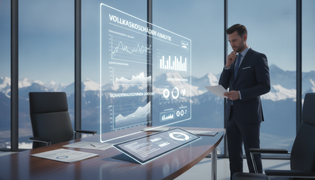 A futuristic office setting in Switzerland, showcasing a dynamic visual representation of full coverage insurance damages (Vollkaskoschäden). In the foreground, an elegant wooden desk with reports and a digital tablet displaying insurance data. A confident business professional in formal attire stands beside the desk, reviewing documents with a thoughtful expression. In the middle ground, a high-tech holographic display illustrates a dashboard with statistics and graphs on insurance claims and future projections. The background features panoramic windows overlooking the Swiss Alps, bathed in natural light, creating a bright and inspiring atmosphere. Use a wide-angle lens to capture depth, emphasizing the blend of professionalism and innovation in the insurance sector. Maintain a clean and polished aesthetic throughout the image. A futuristic office setting in Switzerland, showcasing a dynamic visual representation of full coverage insurance damages (Vollkaskoschäden). In the foreground, an elegant wooden desk with reports and a digital tablet displaying insurance data. A confident business professional in formal attire stands beside the desk, reviewing documents with a thoughtful expression. In the middle ground, a high-tech holographic display illustrates a dashboard with statistics and graphs on insurance claims and future projections. The background features panoramic windows overlooking the Swiss Alps, bathed in natural light, creating a bright and inspiring atmosphere. Use a wide-angle lens to capture depth, emphasizing the blend of professionalism and innovation in the insurance sector. Maintain a clean and polished aesthetic throughout the image.