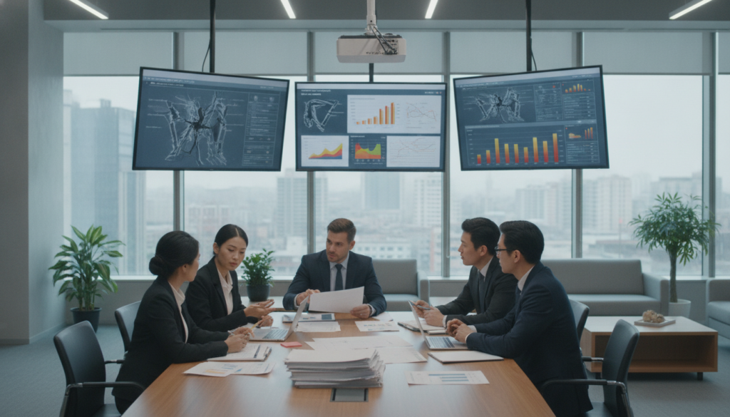 A meticulous and professional scene depicting an office setting focused on the evaluation of damages. In the foreground, a diverse group of professionals in business attire are actively engaged in a collaborative discussion, analyzing documents and digital displays that showcase detailed reports of damages. The middle ground features a large conference table with papers, laptops, and projection screens illustrating data analysis and graphical representations of damage assessments. The background consists of a modern office with large windows allowing soft, natural light to filter in, creating an atmosphere of focus and innovation. The overall mood is one of diligence and progress, emphasizing the importance of constructive feedback and continuous improvement in professional practice.
