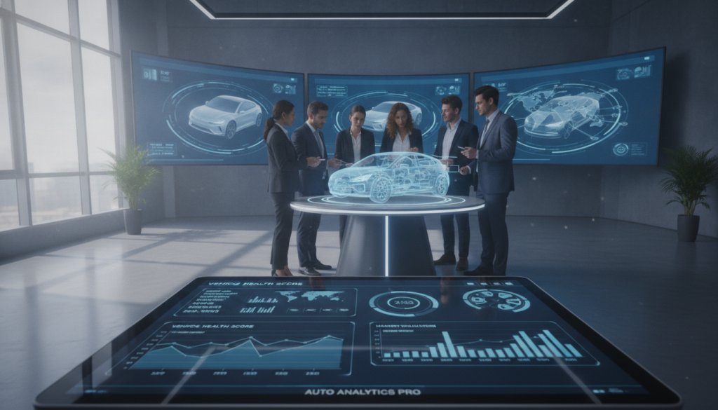 A modern digital vehicle assessment scene, showcasing advanced technology. In the foreground, a sleek touchscreen interface displays dynamic charts and figures related to vehicle evaluations. The middle ground features a diverse team of professionals in smart business attire, engaged in a discussion while analyzing the data on the screen. The background is a high-tech office environment, with digital screens displaying vehicle models and data analytics. Soft, natural lighting filters through large windows, creating an airy, focused atmosphere. Use a wide-angle lens to emphasize the collaborative space and technology. The overall mood conveys innovation and professionalism, highlighting the pivotal role of technology in valuation processes.