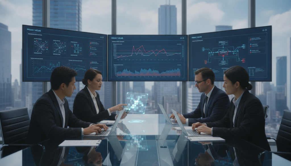 A modern, high-tech office environment focused on the technical aspects of damage assessment in IT. In the foreground, a diverse group of professionals in business attire are engaged in analytical discussions, examining data reports on sleek laptops and digital tablets. In the middle ground, large screens display complex graphs and diagrams related to project management and risk analysis. The background features a panoramic view of a bustling city skyline, framed by large windows that let in soft, natural daylight, creating a bright and open atmosphere. The color palette is a blend of cool blues and grays, evoking a sense of professionalism and clarity. The image should emphasize a collaborative and innovative mood.
