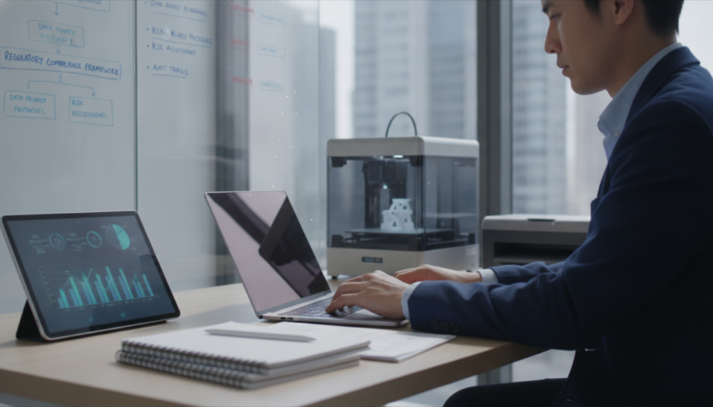 A modern office environment featuring various technical aids for documentation, such as a digital tablet displaying graphs, a high-resolution scanner, and a 3D printer. In the foreground, a business professional in a smart attire is actively taking notes on a laptop, surrounded by organized documents and tools, conveying a sense of efficiency and precision. The middle ground includes a wall with a large whiteboard, filled with charts and bullet points, showcasing structured information for regulation. In the background, a sleek window with natural light streaming in, creating a bright and focused atmosphere. The overall mood is professional and innovative, capturing the essence of technical documentation in a corporate setting.
