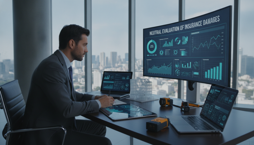 A modern office environment focused on insurance assessment, featuring a professional analyst working at a sleek desk cluttered with digital devices like tablets and laptops displaying data visualizations. In the foreground, the analyst, dressed in smart business attire, examines a large digital screen showing graphs and charts related to "neutral evaluation of insurance damages." The middle ground contains various tools such as a 3D model of a damaged property and high-tech measuring equipment. The background reveals a clear view of a cityscape through large windows, with natural light flooding the room, creating a sense of clarity and professionalism. The mood is focused and analytical, emphasizing technological aids in evaluation processes.