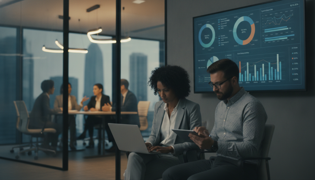 A modern office environment showcasing a team of diverse professionals engaged in a Plausibility Check process. In the foreground, a focused woman in business attire analyzes data on a laptop, while a man next to her, also dressed in professional clothing, reviews documents on a digital tablet. In the middle, a large screen displays colorful graphs and statistics reflecting IT metrics. The background features a sleek, glass-walled conference room with soft, warm lighting, creating an atmosphere of collaboration and innovation. A blurred view of city skyscrapers can be seen outside, hinting at the future. The overall mood conveys diligence, clarity, and a forward-thinking approach to technology assessments.