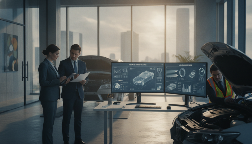 A modern office environment showcasing a technical examination of comprehensive car insurance damages. In the foreground, a diverse group of professionals in business attire, including a woman analyzing documents and a man inspecting a car, deeply focused on their task. The middle ground features an advanced computer workstation with multiple screens displaying charts and data regarding insurance claims and damage reports. In the background, large windows let in soft, natural light, creating a bright and optimistic atmosphere, symbolizing a forward-looking approach to insurance regulation. The scene conveys a sense of innovation and professionalism, with an emphasis on clarity and objectivity in assessing full coverage damages. The angle of view is slightly elevated, capturing the collaborative effort within a sleek, contemporary office space.