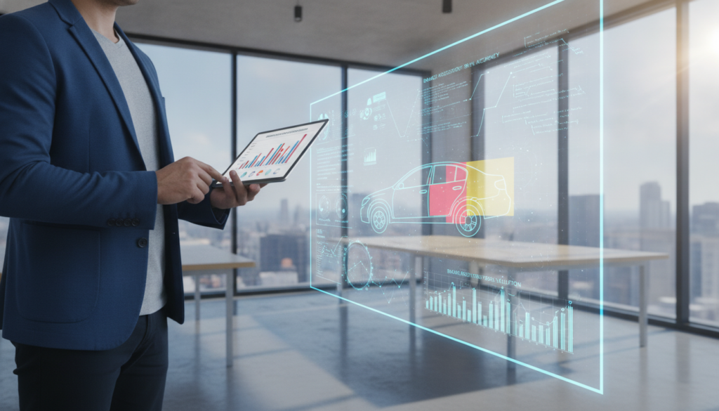 A modern office setting illustrating advanced auto insurance evaluation technology. In the foreground, a professional business analyst, wearing smart casual attire, examines digital data on a sleek tablet, showcasing graphs and charts related to market trends in auto claims. In the middle, a large interactive screen displays complex algorithms and real-time data analytics, emphasizing the precise assessment of vehicle damage. The background features a contemporary office design with large windows, allowing natural light to fill the space, creating a bright and focused atmosphere. The overall mood is professional and innovative, conveying the critical impact of technology on damage assessment in the auto insurance market. The angle captures both the analyst and the dynamic technology in action. A modern office setting illustrating advanced auto insurance evaluation technology. In the foreground, a professional business analyst, wearing smart casual attire, examines digital data on a sleek tablet, showcasing graphs and charts related to market trends in auto claims. In the middle, a large interactive screen displays complex algorithms and real-time data analytics, emphasizing the precise assessment of vehicle damage. The background features a contemporary office design with large windows, allowing natural light to fill the space, creating a bright and focused atmosphere. The overall mood is professional and innovative, conveying the critical impact of technology on damage assessment in the auto insurance market. The angle captures both the analyst and the dynamic technology in action.