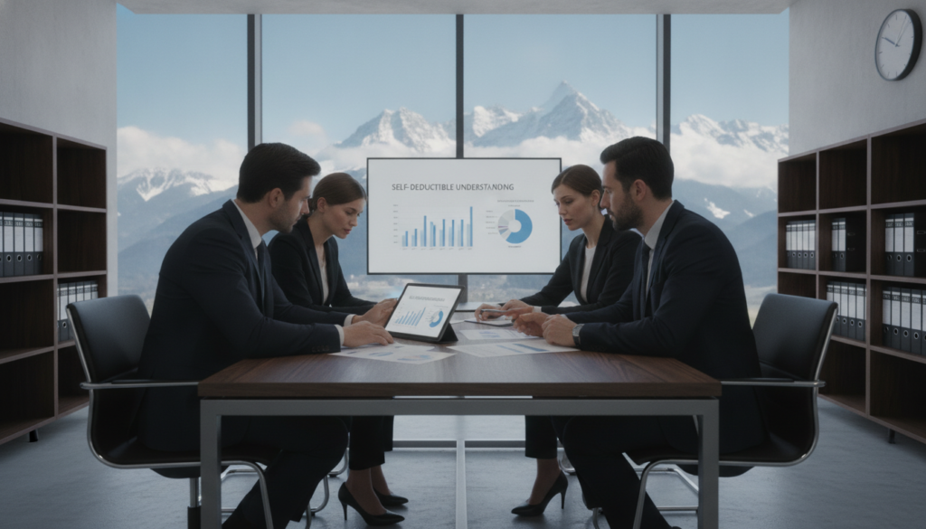 A modern office setting in Switzerland, showcasing a professional discussion about vehicle insurance. In the foreground, a group of three professionals—two men and one woman—are gathered around a sleek conference table, each wearing business attire. They are examining financial documents and a digital tablet displaying vehicle insurance statistics and graphs. In the middle ground, a large window with panoramic views of the Swiss Alps bathes the room in natural light, creating a calm and focused atmosphere. The background features shelves filled with insurance policy binders and a clock on the wall indicating mid-morning. The overall mood is efficient and serious, emphasizing the importance of understanding self-deductibles in vehicle insurance claims. The composition should be captured with a wide-angle lens to include both the participants and the panoramic background.
