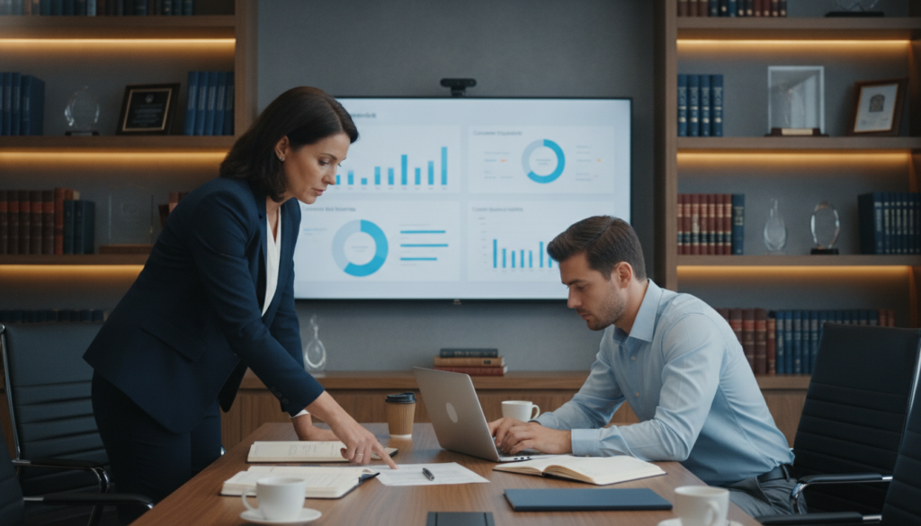 A modern office setting with a diverse group of professionals engaged in a discussion about insurance claims and damage assessments. In the foreground, a middle-aged woman in a tailored suit points at a document on the table, while a younger man in business casual attire takes notes on a laptop. The middle ground features a large screen displaying graphs and statistics related to customer feedback and claim resolutions. The background includes shelves filled with legal books and awards, bathed in soft, warm lighting to create an inviting atmosphere. The scene captures a collaborative and focused mood, emphasizing professionalism and trust in the insurance industry. The image is viewed from a slightly elevated angle to highlight the interaction among the colleagues. A modern office setting with a diverse group of professionals engaged in a discussion about insurance claims and damage assessments. In the foreground, a middle-aged woman in a tailored suit points at a document on the table, while a younger man in business casual attire takes notes on a laptop. The middle ground features a large screen displaying graphs and statistics related to customer feedback and claim resolutions. The background includes shelves filled with legal books and awards, bathed in soft, warm lighting to create an inviting atmosphere. The scene captures a collaborative and focused mood, emphasizing professionalism and trust in the insurance industry. The image is viewed from a slightly elevated angle to highlight the interaction among the colleagues.
