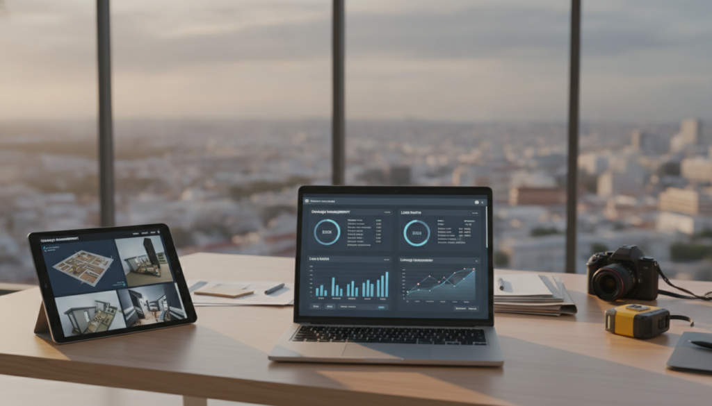 A modern office space dedicated to efficient damage management, featuring digital tools prominently displayed. In the foreground, a sleek laptop with an open software interface showing damage assessment metrics and graphs. To the left, a tablet showcases detailed visual reports and a 3D model of a property. The middle ground includes a contemporary desk with paperwork organized neatly, alongside a digital camera and measuring tools. In the background, a large window offers a view of a cityscape, filled with natural light, creating a professional atmosphere. The overall mood is one of efficiency and technological sophistication, captured with soft focus and warm lighting to evoke a sense of proactive diligence. The scene is devoid of people, ensuring a focus on the tools and environment, with a wide-angle lens perspective.