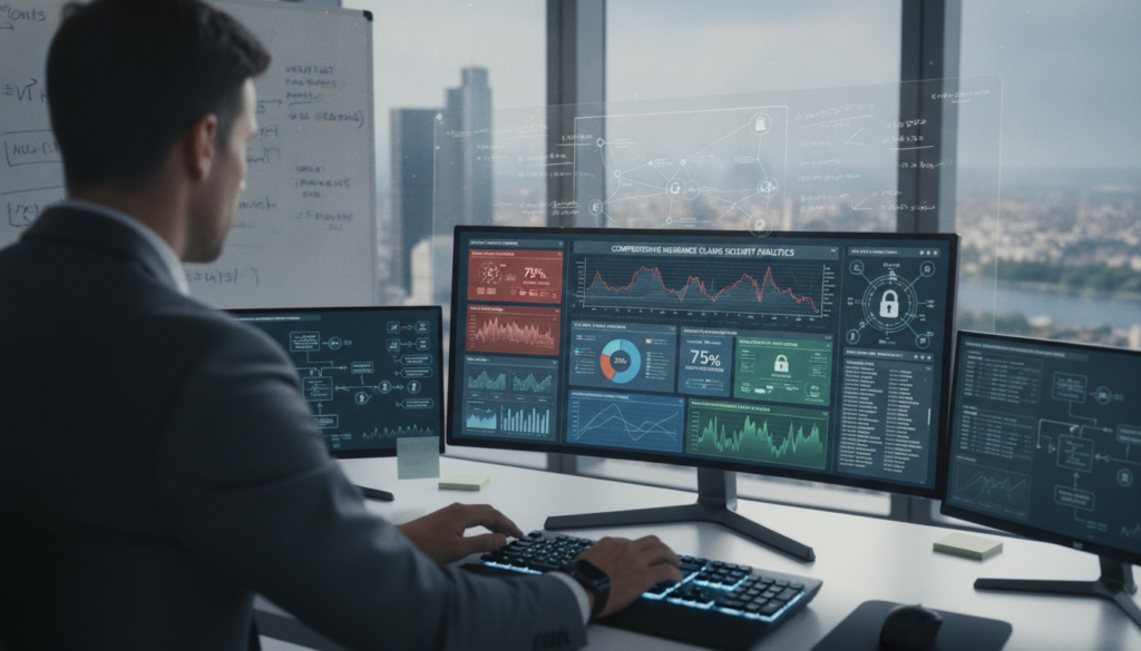 A modern office space with a sleek, high-tech feel, showcasing a detailed view of a computer screen displaying complex IT security analytics related to comprehensive insurance claims. In the foreground, a professional individual in business attire examines the data, showcasing a focused expression. The middle ground features a sophisticated office setup, complete with multiple monitors, cybersecurity diagrams, and charts. The background includes large windows with a cityscape view, illuminated by soft, natural light streaming in. The atmosphere conveys a sense of urgency and analytical rigor, highlighting the importance of IT security in managing full coverage damage claims. The image is sharp and clear, captured from a slightly elevated angle, emphasizing the technical environment without any people distractions.