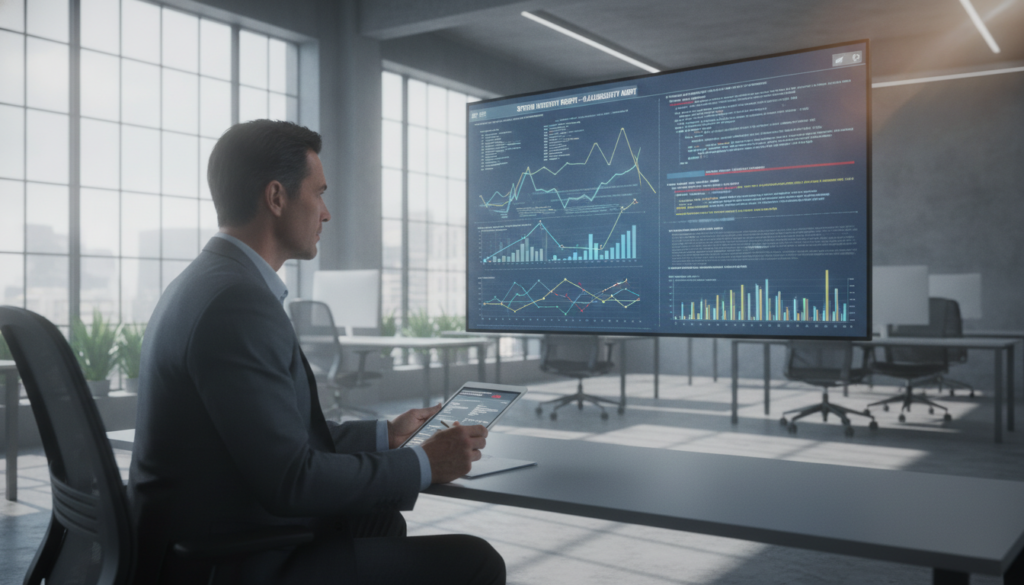 A professional IT auditor conducting a plausibility check on intricate data charts displayed on a digital screen in a modern office environment. The foreground features the auditor, a middle-aged individual in a sharp business suit, focused and taking notes on a tablet. In the middle, the glowing screen showcases complex graphs and codes illustrating data patterns and statistical analyses, highlighting elements of accuracy and verification. The background displays a sleek, contemporary office setting with large windows allowing natural light to flood in, creating a bright and professional atmosphere. Soft shadows enhance the depth, while a slight lens flare adds warmth to the environment. The mood is serious yet productive, reflecting the challenges involved in IT plausibility assessments.