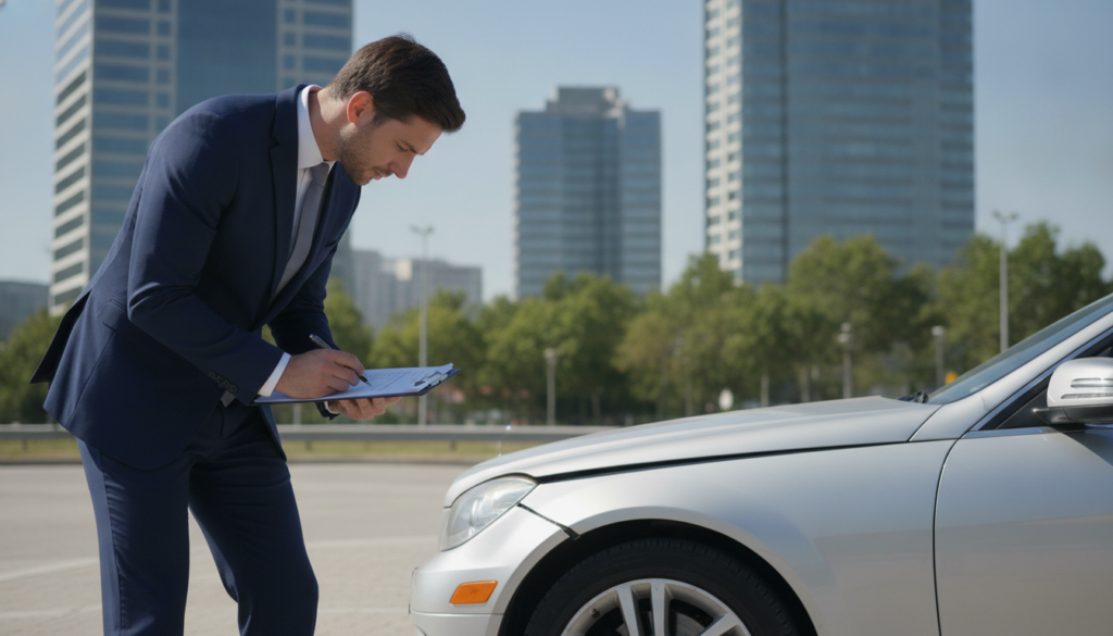 A professional and detailed evaluation scene for car insurance assessment. In the foreground, a well-dressed insurance adjuster, wearing a smart suit, closely inspects a damaged vehicle with a clipboard and pen in hand, embodying diligence and expertise. In the middle ground, the car shows visible damage to its body, with evidence of a recent accident subtly highlighted by reflective sunlight. In the background, a serene urban setting with a clear blue sky and tall office buildings suggests a trustworthy environment. Soft, natural lighting enhances the clarity and realism of the scene, captured from a slightly angled perspective to provide depth. The overall mood conveys a sense of professionalism, integrity, and the importance of objective appraisal in insurance practices. A professional and detailed evaluation scene for car insurance assessment. In the foreground, a well-dressed insurance adjuster, wearing a smart suit, closely inspects a damaged vehicle with a clipboard and pen in hand, embodying diligence and expertise. In the middle ground, the car shows visible damage to its body, with evidence of a recent accident subtly highlighted by reflective sunlight. In the background, a serene urban setting with a clear blue sky and tall office buildings suggests a trustworthy environment. Soft, natural lighting enhances the clarity and realism of the scene, captured from a slightly angled perspective to provide depth. The overall mood conveys a sense of professionalism, integrity, and the importance of objective appraisal in insurance practices.