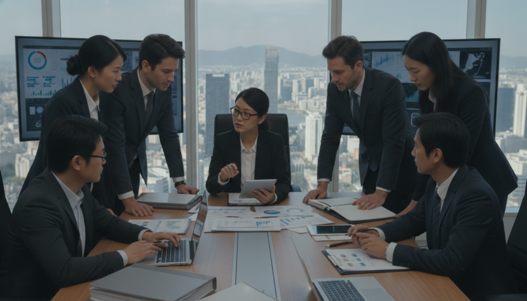 A professional assessment scene set in an international context, featuring a diverse team of experts in business attire evaluating technical damage assessments on a modern conference table. The foreground shows detailed documents and digital devices, with charts and graphs displayed on screens. The middle ground has the team engaged in a focused discussion, highlighting their diverse backgrounds and collaborative spirit. In the background, large windows reveal an urban landscape, symbolizing the international setting. The lighting is bright and natural, simulating a clear day, with soft shadows adding depth. The angle captures the team from a slightly elevated perspective, enhancing the atmosphere of professionalism and urgency. The mood conveys seriousness and clarity, reflecting a commitment to accurate evaluations without exaggeration. A professional assessment scene set in an international context, featuring a diverse team of experts in business attire evaluating technical damage assessments on a modern conference table. The foreground shows detailed documents and digital devices, with charts and graphs displayed on screens. The middle ground has the team engaged in a focused discussion, highlighting their diverse backgrounds and collaborative spirit. In the background, large windows reveal an urban landscape, symbolizing the international setting. The lighting is bright and natural, simulating a clear day, with soft shadows adding depth. The angle captures the team from a slightly elevated perspective, enhancing the atmosphere of professionalism and urgency. The mood conveys seriousness and clarity, reflecting a commitment to accurate evaluations without exaggeration.