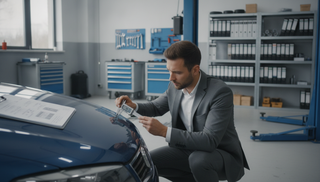 A professional automotive damage assessment scene, showcasing a detailed vehicle inspection for a comprehensive comprehensive car insurance claim. In the foreground, an inspector in business attire examines a damaged car hood, holding a digital measuring tool. On the left, a clipboard with damage assessment notes is placed on the vehicle. In the middle ground, a bright, well-lit garage environment with workstations and tools is visible, emphasizing a meticulous inspection process. Background shows shelves filled with technical manuals and automotive repair parts. Soft, natural lighting creates a focused atmosphere, with an emphasis on clarity and precision, reflecting a technical evaluation process. The image should feel professional and organized, inviting the viewer into a step-by-step assessment experience.