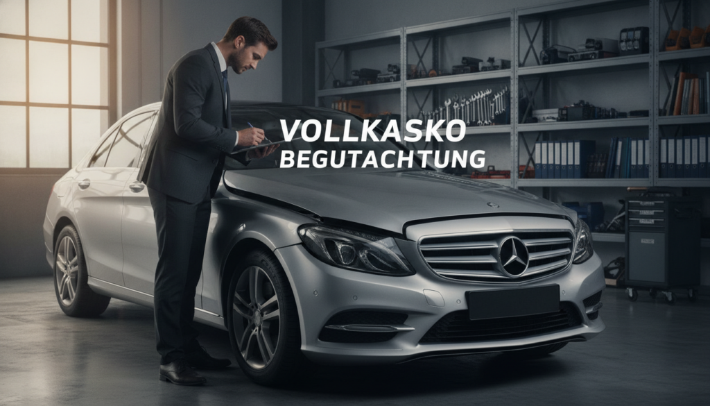 A professional automotive inspector examining a damaged vehicle in a well-lit workshop, emphasizing the concept of thorough assessment in "Vollkasko Begutachtung." In the foreground, the inspector, dressed in a smart business suit, inspects the car's body, noting dents and scratches with a clipboard in hand. The middle layer features the damaged vehicle on a clean work surface, showcasing detailed areas of impact with strong shadows enhancing the texture of the metal. In the background, shelves filled with automotive tools and manuals hint at an organized environment. Soft, natural lighting filters in through a window, creating a balanced, focused atmosphere that signifies objectivity and expertise in evaluating full coverage insurance claims.