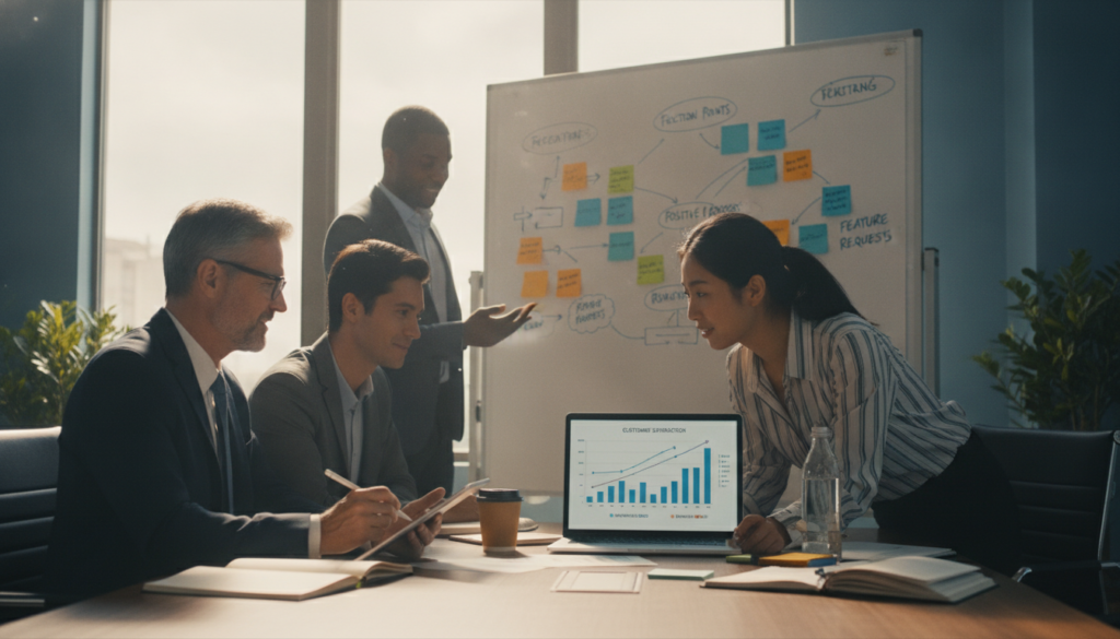 A professional business meeting scene depicting a diverse group of individuals in smart business attire, engaged in a discussion about customer feedback. In the foreground, a middle-aged male consultant is taking notes on a digital tablet, while a young woman examines charts on a laptop, showcasing customer satisfaction metrics. In the middle ground, a whiteboard filled with colorful sticky notes and diagrams illustrates key customer experiences and insights. The background features a large window with natural light streaming in, casting a warm glow across the room. The atmosphere is collaborative and constructive, reflecting a spirit of objective evaluation and teamwork. The overall color palette is a blend of soft blues and greens, enhancing a sense of calm and professionalism. A professional business meeting scene depicting a diverse group of individuals in smart business attire, engaged in a discussion about customer feedback. In the foreground, a middle-aged male consultant is taking notes on a digital tablet, while a young woman examines charts on a laptop, showcasing customer satisfaction metrics. In the middle ground, a whiteboard filled with colorful sticky notes and diagrams illustrates key customer experiences and insights. The background features a large window with natural light streaming in, casting a warm glow across the room. The atmosphere is collaborative and constructive, reflecting a spirit of objective evaluation and teamwork. The overall color palette is a blend of soft blues and greens, enhancing a sense of calm and professionalism.