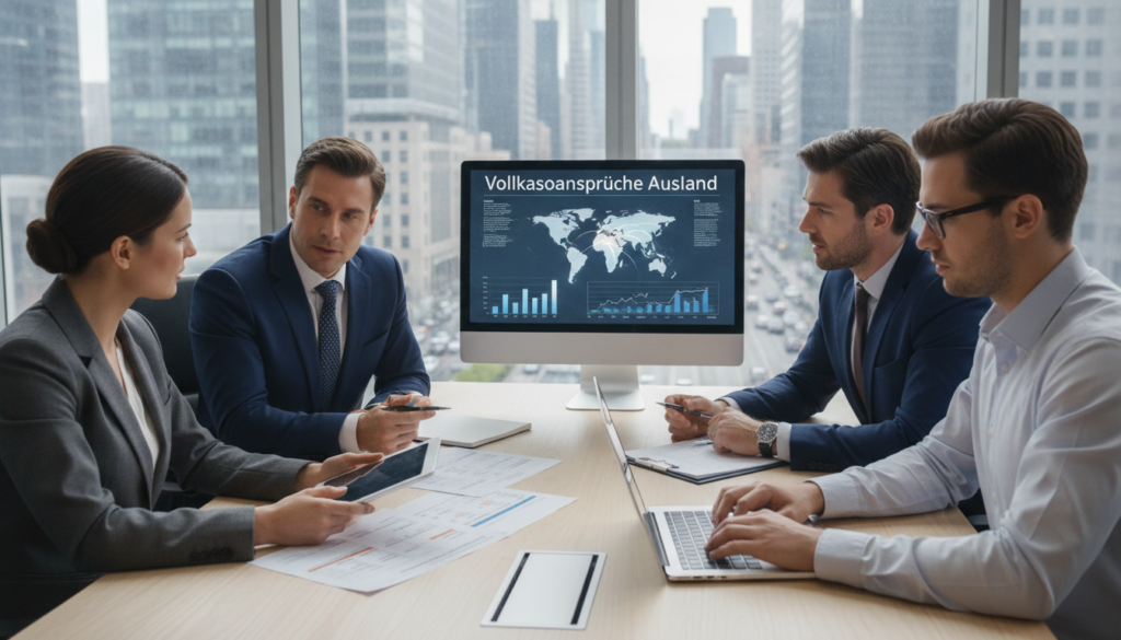 A professional business meeting scene focused on the evaluation of insurance claims related to foreign coverage, set in a modern office environment. In the foreground, a diverse group of stakeholders, including a businesswoman in a tailored suit, a businessman in an elegant tie, and a data analyst with a laptop, are engaged in discussion over a detailed report displayed on a conference table. The middle ground features charts and graphs illustrating "Vollkaskoansprüche Ausland", with a world map emphasizing international coverage options. In the background, large windows showcase a busy city skyline, with soft, natural daylight filtering in, creating an atmosphere of collaboration and focus. The image composition is slightly angled to highlight the engaging dynamics of the meeting while maintaining clarity in the subjects and materials presented.