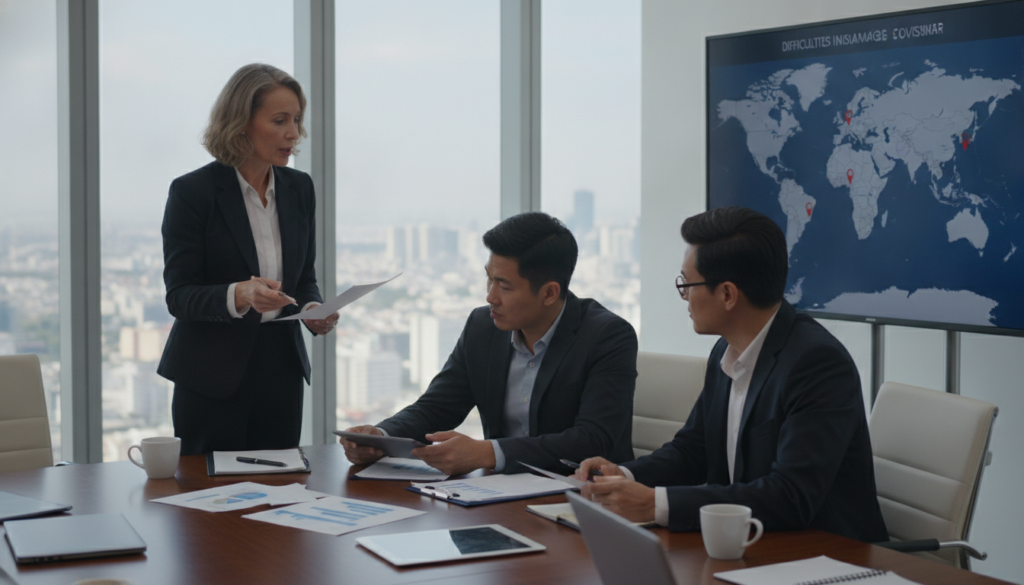 A professional business meeting taking place in a modern, well-lit conference room, featuring a diverse group of individuals discussing international insurance claims. In the foreground, a middle-aged woman in business attire is pointing at a detailed map, emphasizing challenges in assessing damages abroad. In the middle ground, two men, one Asian and one Black, are examining documents on a sleek table, looking thoughtfully engaged. In the background, large windows showcase a city skyline, illuminating the room with natural light, contributing to an atmosphere of collaboration and focus. The overall mood is analytical and serious, capturing the essence of evaluating foreign damage assessments with clarity and precision.