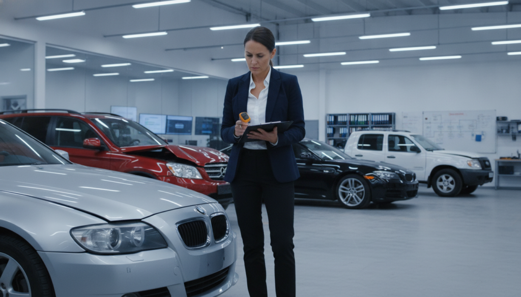A professional car damage assessor, dressed in business attire, examines a vehicle in a well-lit garage. The assessor holds a clipboard and a measuring tool, focusing intently on the car's surface for visible damages. In the middle ground, several damaged vehicles are under fluorescent lights, showcasing multiple angles of impact for analysis. The background features office equipment and charts on the wall, indicating a methodical workspace. The scene is illuminated by bright, clear lighting, emphasizing the professionalism and meticulousness required in assessing insurance claims. The overall mood is focused and serious, conveying the importance of precision in damage evaluation.