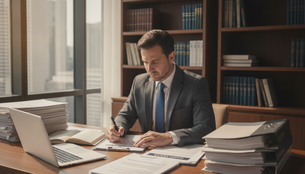 A professional consultant, dressed in a sharp business suit, is seated at a desk cluttered with documents and a laptop, reviewing a detailed report. The foreground features the consultant's focused expression as they take notes with a pen. In the middle ground, a large window allows natural light to stream in, illuminating the space and creating a warm atmosphere. An organized bookshelf filled with reference materials can be seen in the background, adding depth to the setting. Soft shadows enhance the scene, captured from a slight angle to emphasize the consultant’s interaction with the materials. The overall mood is one of concentration and professionalism, reflecting the consultant’s role in creating a precise and clear expert report.