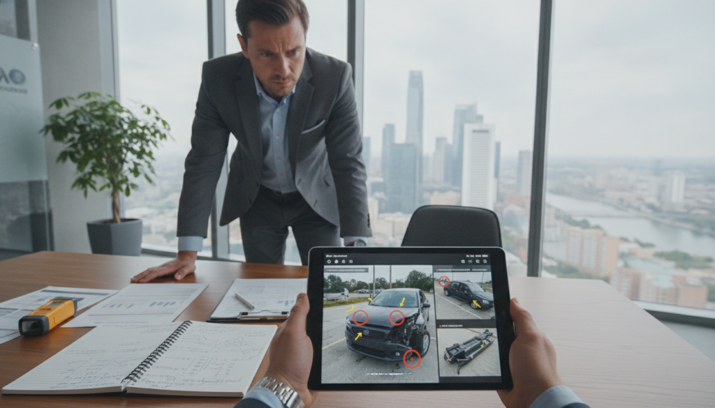 A professional insurance adjuster in a modern office setting, actively assessing damage on a digital tablet. The foreground features a close-up of the tablet displaying a detailed photo report of vehicle damage, including annotations and measurements. In the middle ground, a sleek desk is cluttered with documents, tools for assessment, and a meticulous notepad. The background showcases large windows letting in natural light, revealing a city skyline, enhancing the air of professionalism. The lighting is bright yet diffused, creating a calm atmosphere. Use a wide-angle lens to capture depth, emphasizing the adjuster’s focused expression and the organized workspace. The entire scene conveys a sense of structured clarity and technical precision, embodying the importance of damage assessment in insurance.