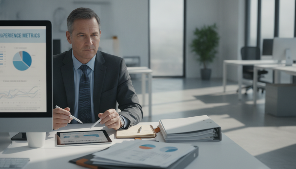 A professional insurance adjuster in a modern office setting, examining a stack of documents and a computer screen displaying graphs and data. The foreground features a focused middle-aged individual, dressed in smart business attire, with a thoughtful expression, engaged in analyzing customer feedback. In the middle, a well-organized desk with neatly arranged files, an open laptop, and a notepad showcasing handwritten notes about customer experiences. The background reveals a bright office with large windows allowing soft natural light to illuminate the space, casting gentle shadows. The atmosphere is serious yet constructive, symbolizing the importance of transparency and plausibility in insurance assessments, with a focus on customer experience and satisfaction.