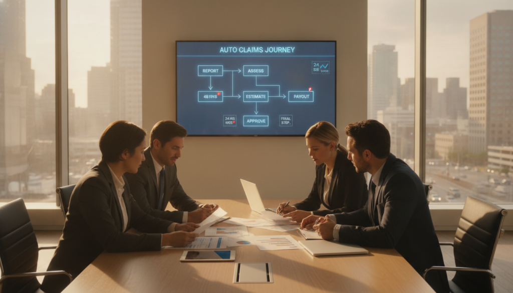 A professional, modern office environment focusing on auto insurance claims processing. In the foreground, a diverse group of business professionals in business attire analyze documents and charts at a sleek conference table, showcasing collaboration. The middle ground features a large digital monitor displaying a streamlined flowchart of the claims process, with clear timelines and milestones. In the background, large windows let in ample natural light, illuminating a bustling cityscape outside. The mood is focused and efficient, emphasizing teamwork and clarity in the claims process. Use warm, inviting lighting to create an optimistic atmosphere, and capture the scene from a slightly elevated angle to encompass both the teamwork and visual aids in action. A professional, modern office environment focusing on auto insurance claims processing. In the foreground, a diverse group of business professionals in business attire analyze documents and charts at a sleek conference table, showcasing collaboration. The middle ground features a large digital monitor displaying a streamlined flowchart of the claims process, with clear timelines and milestones. In the background, large windows let in ample natural light, illuminating a bustling cityscape outside. The mood is focused and efficient, emphasizing teamwork and clarity in the claims process. Use warm, inviting lighting to create an optimistic atmosphere, and capture the scene from a slightly elevated angle to encompass both the teamwork and visual aids in action.
