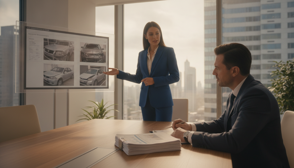A professional negotiation setting, depicting an elegant conference room filled with natural light through large windows. In the foreground, a businessman in a tailored suit is seated at a sleek conference table, poring over documents that detail car insurance valuations. In the middle ground, a businesswoman in professional attire stands, discussing methodologies for assessing vehicle damage, with various images of damaged cars displayed on a digital screen. The background features a city skyline, symbolizing transparency and objectivity in the evaluation process. Soft, warm lighting creates a collaborative and productive atmosphere, emphasizing the seriousness and importance of accurate damage assessment. The scene conveys professionalism and expertise, avoiding any clutter or irrelevant details.
