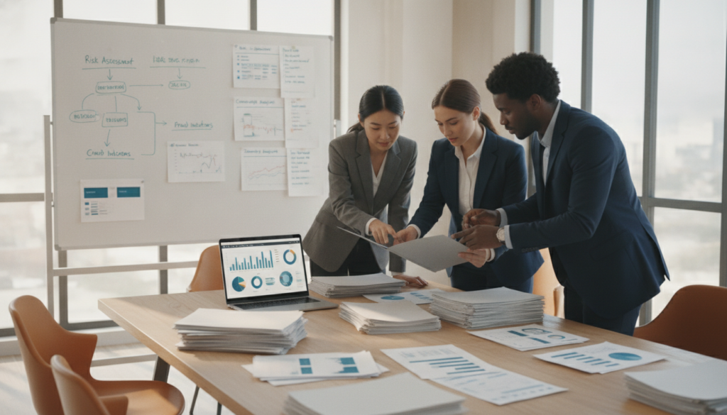 A professional office environment focused on evaluating insurance claims, featuring a modern conference table covered with neatly arranged documents, charts, and a laptop displaying analytical data. In the foreground, a diverse group of three professionals dressed in business attire is engaged in a constructive discussion, examining a claim file together. The middle ground shows a large whiteboard filled with diagrams and evaluation criteria, symbolizing the analytical process. The background features large windows letting in natural light, creating a bright and positive atmosphere. The scene conveys a sense of collaboration and diligence, with a warm color palette to enhance the feeling of teamwork and productivity. Use a slightly elevated angle to capture the seriousness of the evaluation process.