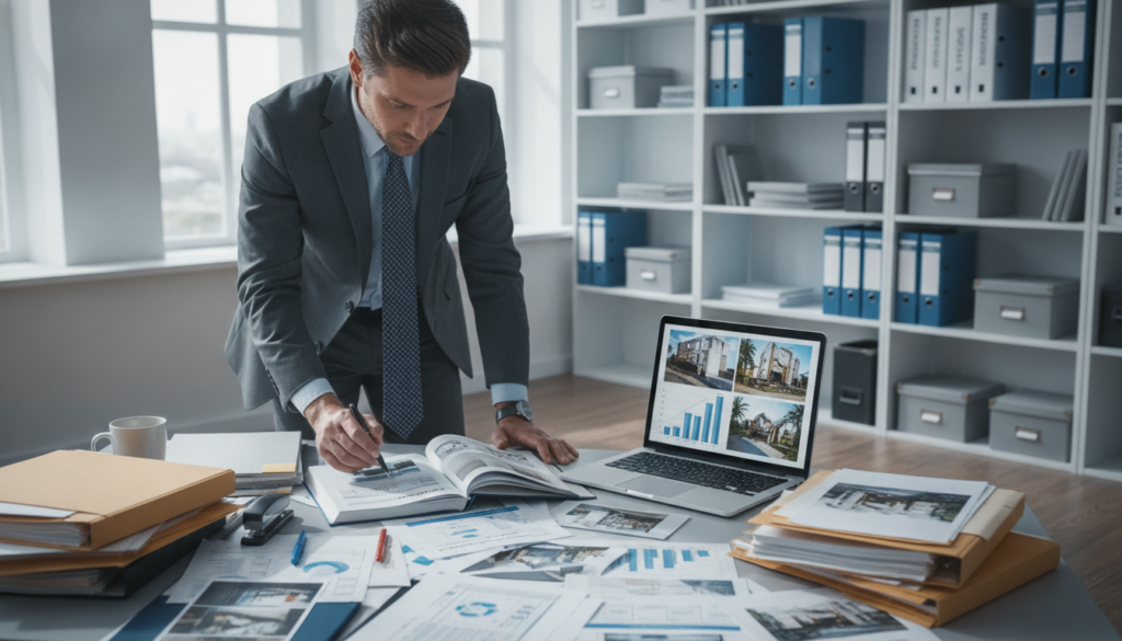 A professional office environment focused on the documentation of damages. In the foreground, a confident business professional, dressed in business attire, is examining detailed reports and visuals of damage assessments. The middle ground features a cluttered desk with open files, a laptop displaying graphs, and various documents showcasing before-and-after images of property damage. In the background, large windows let in natural light, illuminating the space and casting soft shadows, while shelves lined with binders and reference materials hint at thorough record-keeping. The atmosphere conveys diligence and professionalism, emphasizing the importance of accurate documentation in damage assessments, with a subtle color palette of blues and grays to evoke trust and reliability.