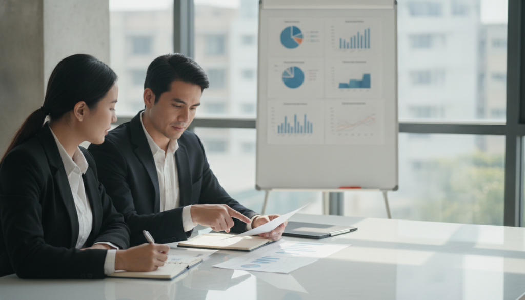 A professional office environment focused on the technical examination of insurance claims. In the foreground, a diverse group of two professionals, a man and a woman, are intently reviewing documents on a sleek conference table, both dressed in smart business attire. The woman is pointing at a detailed report while the man is taking notes, showcasing collaboration and attention to detail. In the middle background, a large whiteboard displays charts and graphs highlighting objective assessments, emphasizing clarity and precision. The office is well-lit with natural daylight filtering through large windows, creating a calm yet focused atmosphere, conducive to analysis. The composition is shot from a slightly elevated angle, ensuring a clear view of the professionals and their workspace, portraying a sense of seriousness and professionalism in insurance damage evaluation. A professional office environment focused on the technical examination of insurance claims. In the foreground, a diverse group of two professionals, a man and a woman, are intently reviewing documents on a sleek conference table, both dressed in smart business attire. The woman is pointing at a detailed report while the man is taking notes, showcasing collaboration and attention to detail. In the middle background, a large whiteboard displays charts and graphs highlighting objective assessments, emphasizing clarity and precision. The office is well-lit with natural daylight filtering through large windows, creating a calm yet focused atmosphere, conducive to analysis. The composition is shot from a slightly elevated angle, ensuring a clear view of the professionals and their workspace, portraying a sense of seriousness and professionalism in insurance damage evaluation.