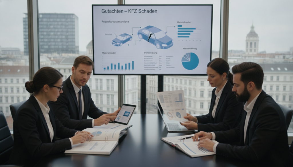 A professional office environment representing the assessment of comprehensive car insurance damages in Austria, illustrated through a visually captivating scene. In the foreground, a diverse group of four business professionals, dressed in smart attire, analyze detailed documents and charts on a sleek conference table. The middle ground features a large digital screen displaying a colorful infographic that illustrates the technical aspects of damage assessment. In the background, large windows reveal a modern city skyline under soft, natural daylight, creating an atmosphere of clarity and focus. The lighting is bright yet balanced, highlighting the subjects and materials without harsh shadows. Aim for a sharp focus with a slight depth of field, emphasizing the professionalism and expertise associated with the legal context in Austria.