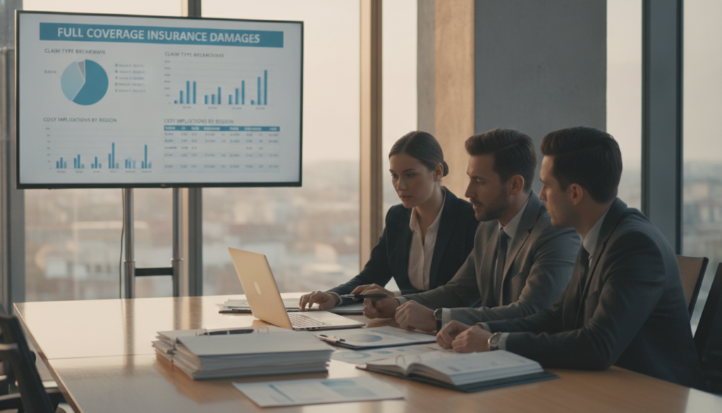 A professional office environment showcasing a well-organized damage assessment meeting. In the foreground, a diverse group of three business professionals, dressed in smart business attire, are gathered around a table filled with documents and a laptop displaying charts and graphs. In the middle ground, a large digital screen shows a detailed report on full coverage insurance damages, illustrating cost implications. The background features large windows with natural light pouring in, giving a sense of clarity and focus. Soft, neutral color tones dominate the scene, creating a calm yet serious atmosphere. The angle of the shot is slightly elevated, capturing the intensity of the discussion as they analyze data.