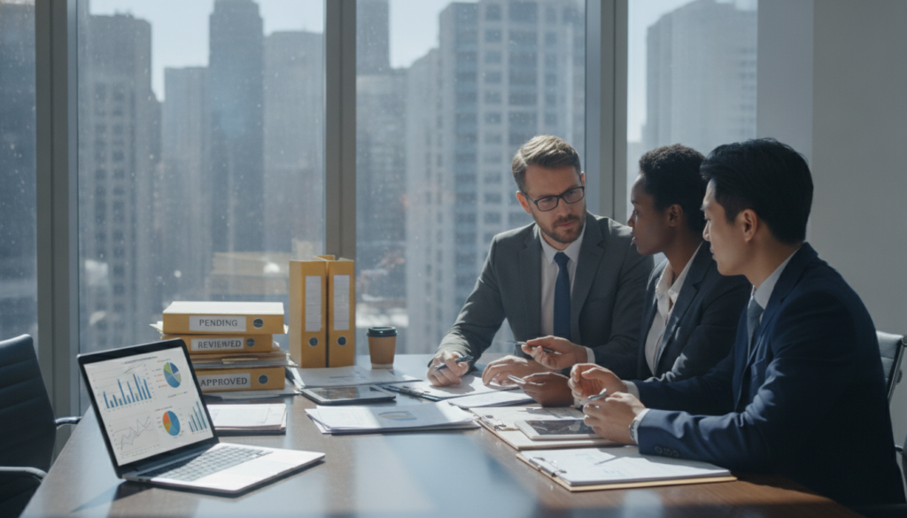 A professional office environment with a focus on insurance claims evaluation. In the foreground, a diverse group of three business professionals dressed in smart attire—two men and one woman—are engaged in a focused discussion around a table filled with paperwork and digital devices, illustrating a collaborative atmosphere. In the middle ground, a sleek laptop displays graphs and charts related to insurance data, while files and documents are neatly organized, emphasizing precision and clarity. In the background, a large window allows natural light to flood the space, casting soft shadows and creating an inviting yet serious ambiance. The overall mood should convey professionalism, diligence, and attention to detail, suitable for the theme of assessing insurance claims.