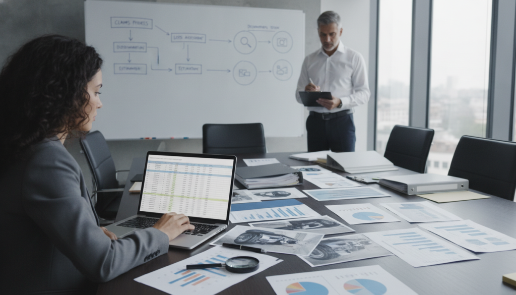 A professional office setting depicting a team of diverse business people engaged in the structured process of damage documentation for insurance claims. In the foreground, a female analyst is attentively reviewing detailed reports on her laptop, while a male supervisor is observing her from behind, taking notes on a clipboard. In the middle ground, a conference table displays scattered papers with images and charts of documented car damage, highlighting clear and organized data. The background features a large whiteboard filled with flowcharts and diagrams of the claims process, illuminated by soft, natural light filtering through large windows. The mood is focused and collaborative, emphasizing professionalism and attention to detail. The image should capture the essence of thorough and efficient damage recording in a corporate environment, using a wide-angle lens for depth.