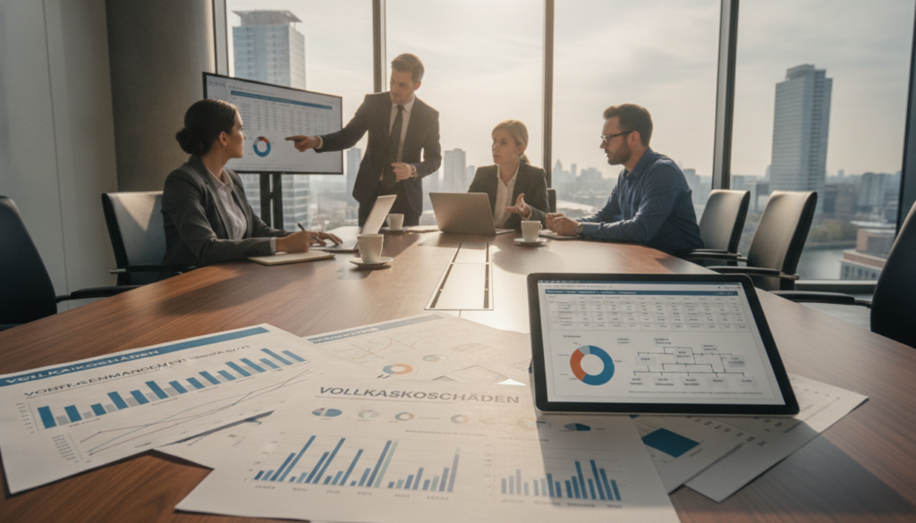 A professional office setting displaying elements of IT and finance. In the foreground, a detailed collage of documents and reports highlighting "Vollkaskoschäden" with graphs and charts showing data pertaining to IT incidents in Austria, Switzerland, and Poland. In the middle ground, a clean, modern conference table with a laptop open to a spreadsheet, surrounded by three business professionals in smart attire, discussing their findings. The background features a window with a cityscape view, bright daylight illuminating the room, adding clarity and focus to the scene. Capture a mood of serious analysis and collaboration, with warm lighting to create an inviting atmosphere. Use a slight wide-angle perspective to encompass the environment.