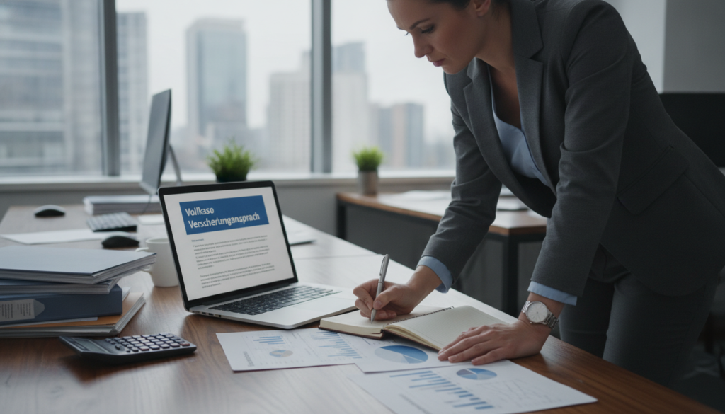 A professional office setting focused on insurance claim assessment, showcasing a well-organized desk with a laptop open to a document titled "Vollkasko Versicherungsanspruch". In the foreground, a focused business professional in formal attire writes notes, surrounded by papers and charts displaying data on damage evaluations. The middle ground features a clear view of the desk, with an aesthetic arrangement of insurance documentation and a calculator. The background includes a well-lit window with city views, emphasizing a corporate atmosphere. The lighting is bright and soft, creating a productive ambiance. The angle is slightly elevated, capturing the clerical activities without any distractions. The overall mood is serious and analytical, reflecting meticulous documentation and objective assessment.