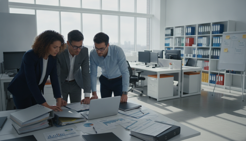 A professional office setting focused on insurance claim management. In the foreground, a diverse team of three professionals in business attire (a woman and two men) is discussing a claim case over a laptop, surrounded by stacks of paperwork and charts displaying data. The middle ground features a large window with natural daylight illuminating the room, casting soft shadows. The background includes shelves filled with technical documentation and an organized workspace, emphasizing a sense of order and clear communication. The atmosphere is collaborative and focused, conveying professionalism and efficiency. The scene is captured with a wide-angle lens to encompass the entire office space, enhancing depth and clarity.