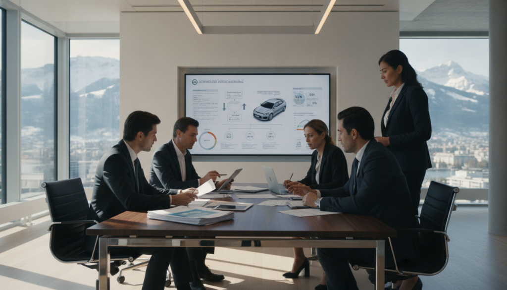 A professional office setting focused on the plausibility assessment of comprehensive car insurance claims in Switzerland. In the foreground, a diverse group of business professionals, dressed in smart business attire, are intensely discussing and analyzing insurance documents and data on a sleek modern table. The middle ground features a detailed breakdown of car damages displayed on a digital screen, showcasing charts and diagrams illustrating the assessment process. The background includes a well-lit, contemporary office with large windows letting in natural light, emphasizing a collaborative atmosphere. Soft shadows and warm lighting create a focused yet inviting mood, highlighting the importance of detailed analysis in the insurance industry. The angle captures the seriousness and professionalism of the assessment process.