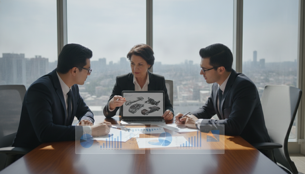 A professional office setting focused on transparent damage assessment in full coverage car insurance claims. In the foreground, a diverse group of three professionals in business attire, including a middle-aged woman and two younger men, are engaged in a detailed discussion over a laptop and documents containing charts and graphs illustrating clear damage structures. In the middle ground, an elegant wooden conference table is surrounded by modern office chairs, while a large window in the background floods the room with bright, natural light, casting soft shadows. The atmosphere is serious yet collaborative, reflecting an air of efficiency and clarity. The camera angle is slightly elevated, capturing both the engagement of the professionals and the informative documents on the table.
