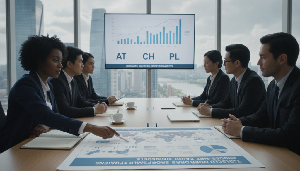 A professional office setting showcasing a diverse group of business experts in smart attire, gathered around a conference table. In the foreground, a focused woman pointing to a detailed document on structured damage claims, with various charts and maps indicating cross-border cases among IT-related incidents. The middle ground features a modern presentation screen displaying graphs showing insurance statistics relevant to Austria (AT), Switzerland (CH), and Poland (PL). In the background, a large window reveals a cityscape, suggesting an international financial hub. Soft, ambient lighting highlights the seriousness of the discussion and the professionalism of the scene, creating an atmosphere of collaboration and focus. The image should evoke a sense of urgency and importance in managing claims within the insurance industry. A professional office setting showcasing a diverse group of business experts in smart attire, gathered around a conference table. In the foreground, a focused woman pointing to a detailed document on structured damage claims, with various charts and maps indicating cross-border cases among IT-related incidents. The middle ground features a modern presentation screen displaying graphs showing insurance statistics relevant to Austria (AT), Switzerland (CH), and Poland (PL). In the background, a large window reveals a cityscape, suggesting an international financial hub. Soft, ambient lighting highlights the seriousness of the discussion and the professionalism of the scene, creating an atmosphere of collaboration and focus. The image should evoke a sense of urgency and importance in managing claims within the insurance industry.