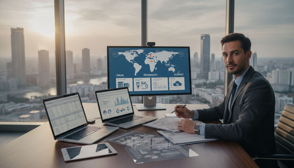 A professional office setting showcasing case studies on damage assessment in IT full coverage insurance. In the foreground, a confident business professional in formal attire reviews documents on a sleek desk, surrounded by laptops and data charts. In the middle ground, a large touchscreen display reveals visual summaries of case studies from Italy, Austria, Switzerland, and Poland, featuring relevant graphs and images. The background offers a panoramic view of an urban cityscape through large windows, illuminated by soft, natural lighting. The atmosphere is focused and analytical, reflecting professionalism and transparency in damage assessment processes. The image composition should have a balanced perspective, capturing an engaging and informative scene without any text or watermarks.